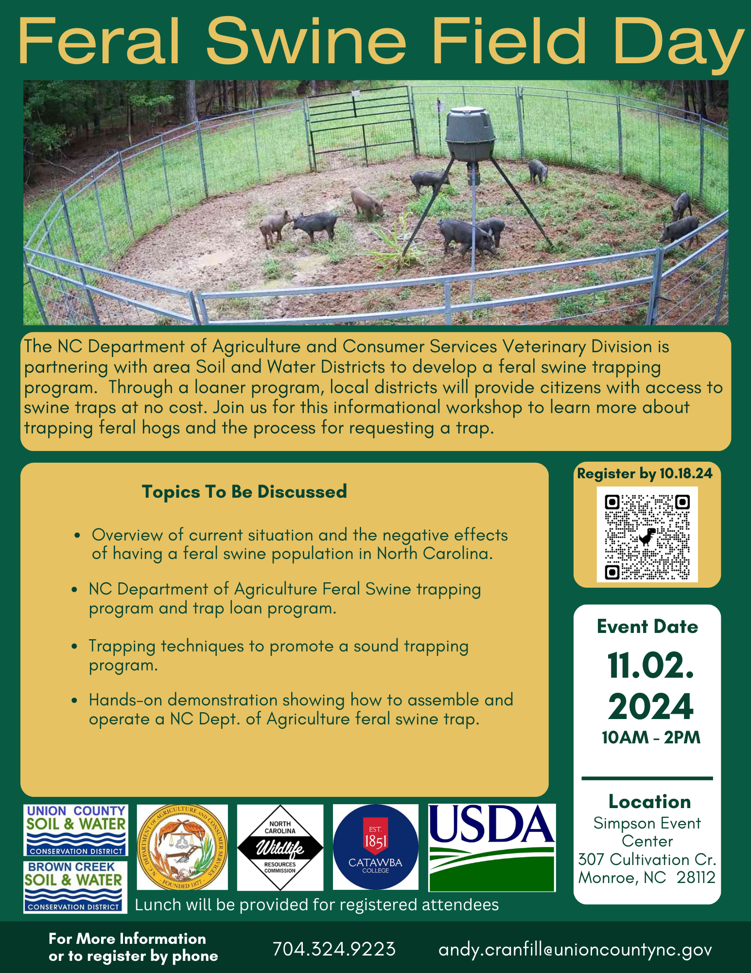 Flyer for "Feral Swine Field Day" on November 2, 2024, in Monroe, NC. Topics include feral swine issues, trapping programs, and hands-on demonstrations. Register by October 18, 2024. Lunch provided. Event hosted by NC Department of Agriculture and partners.