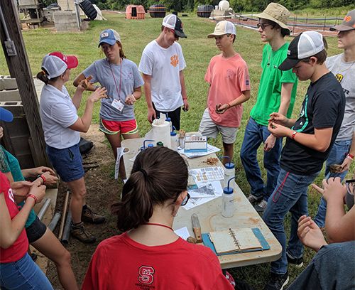 Students learning about soil and water