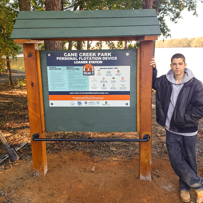 Eagle Scout, Bode, built a kiosk for our loaner life jackets as his Eagle Scout Project