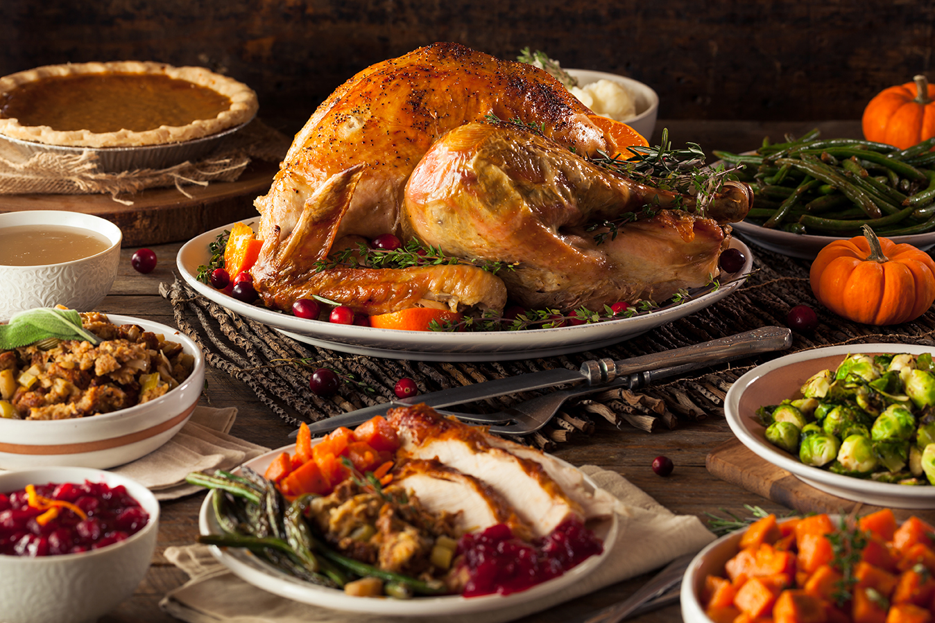 Thanksgiving dinner with turkey and other classic side dishes